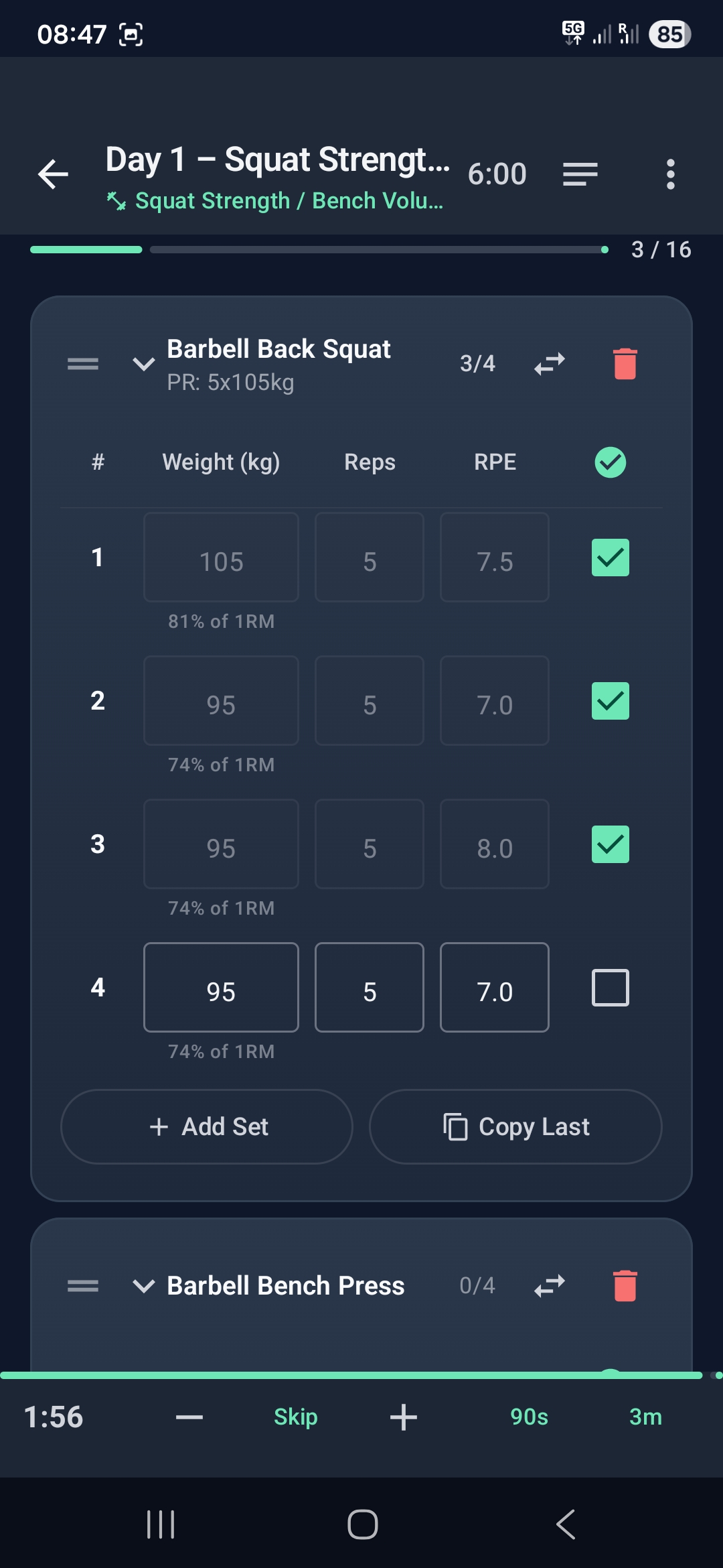 Featherweight app showing active workout with real-time % of 1RM