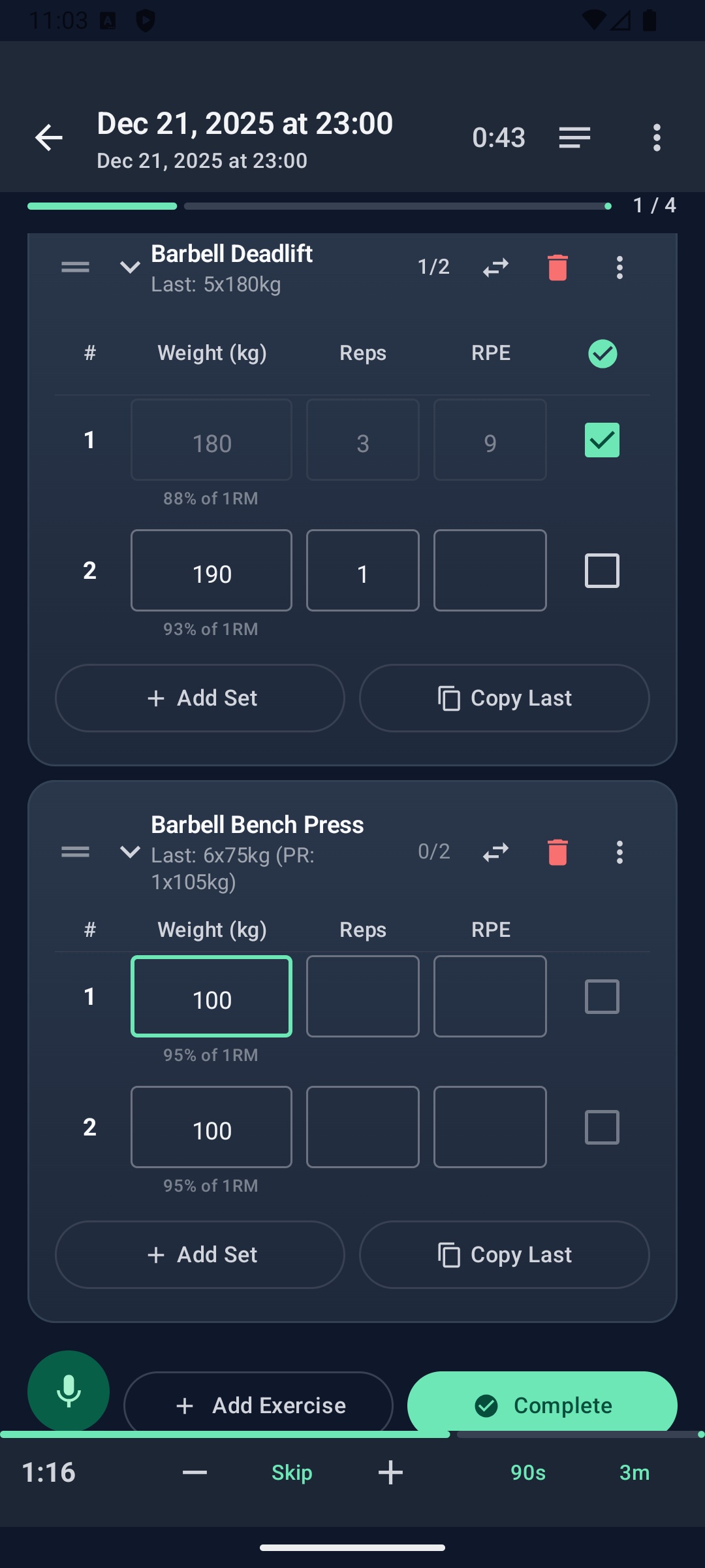 Featherweight app showing active workout with real-time % of 1RM