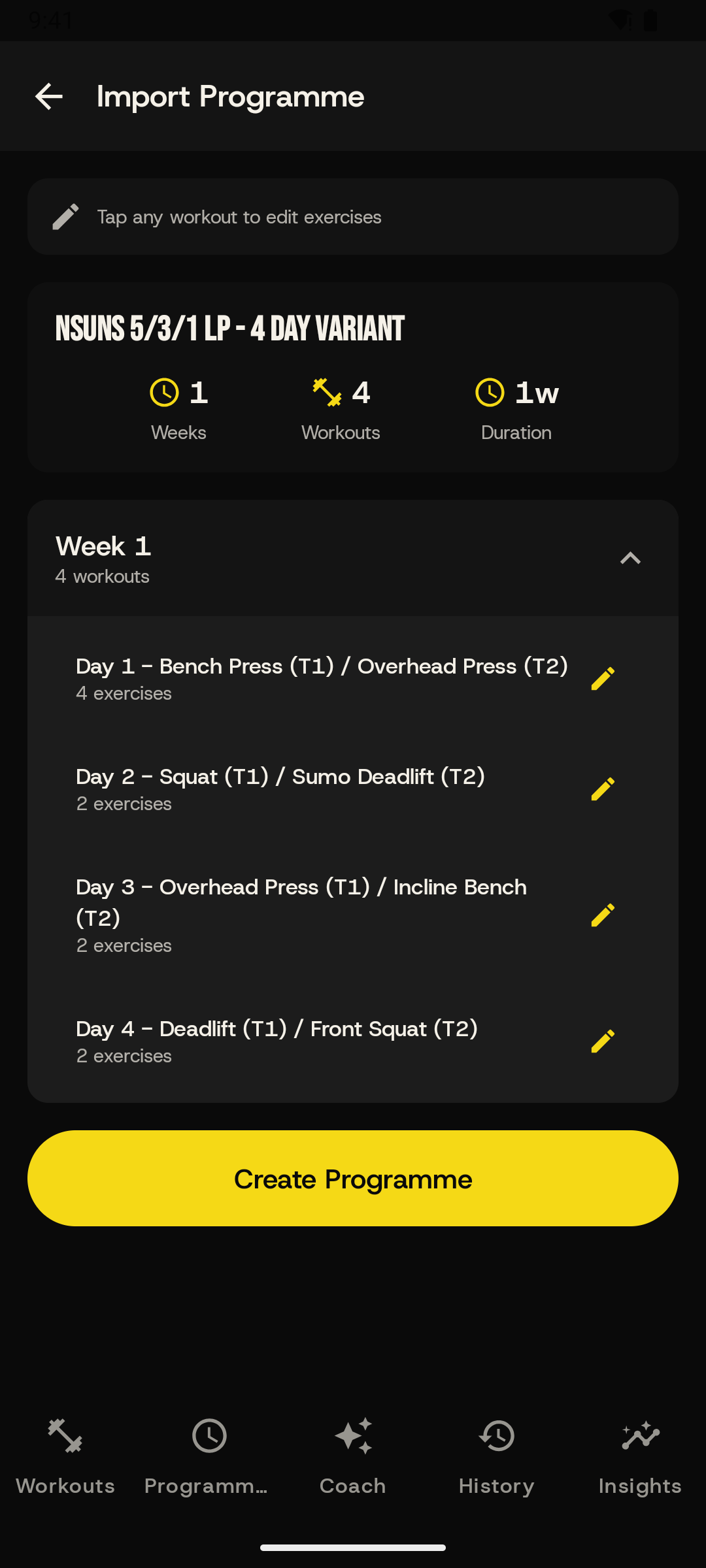 nSuns 5/3/1 LP parsed into 4 workouts in Featherweight